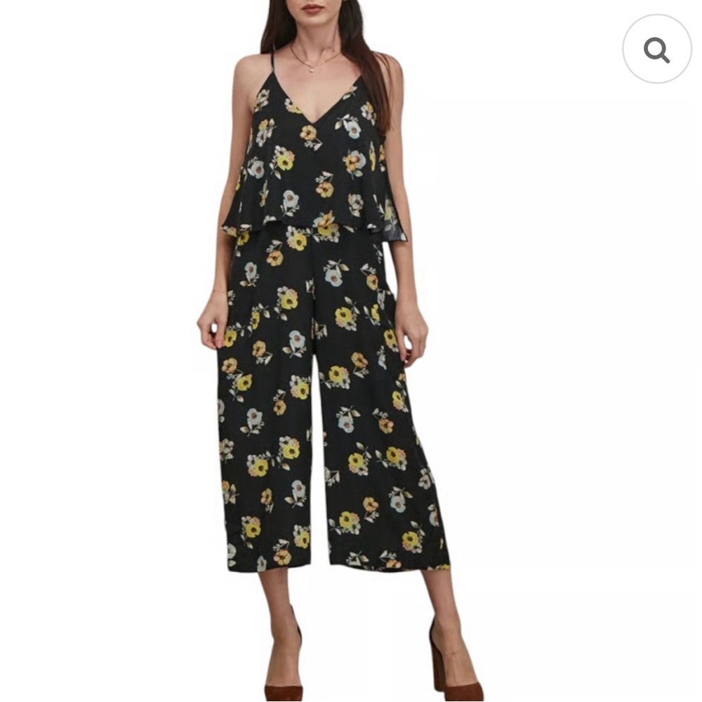Avec Les Filles Black Yellow Floral Wide Leg Crop